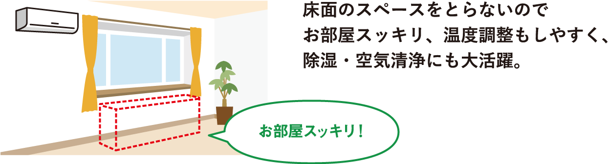 床面のスペースをとらないのでお部屋スッキリ、温度調整もしやすく、除湿・空気清掃にも大活躍。（お部屋スッキリ！）